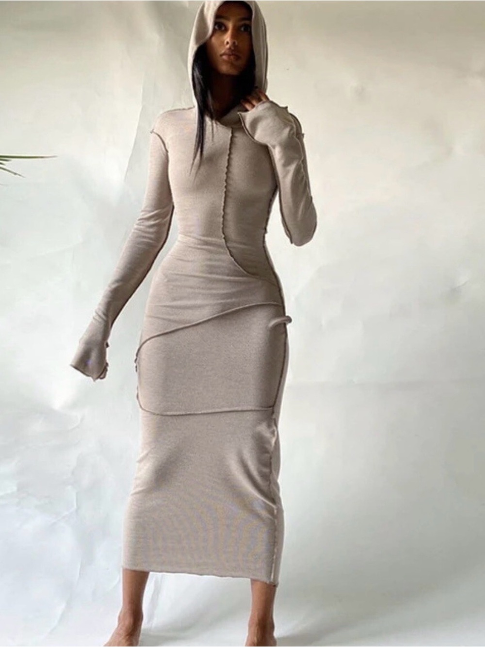 Hooded Long Sleeve Bodycon Midi Dress in Beige